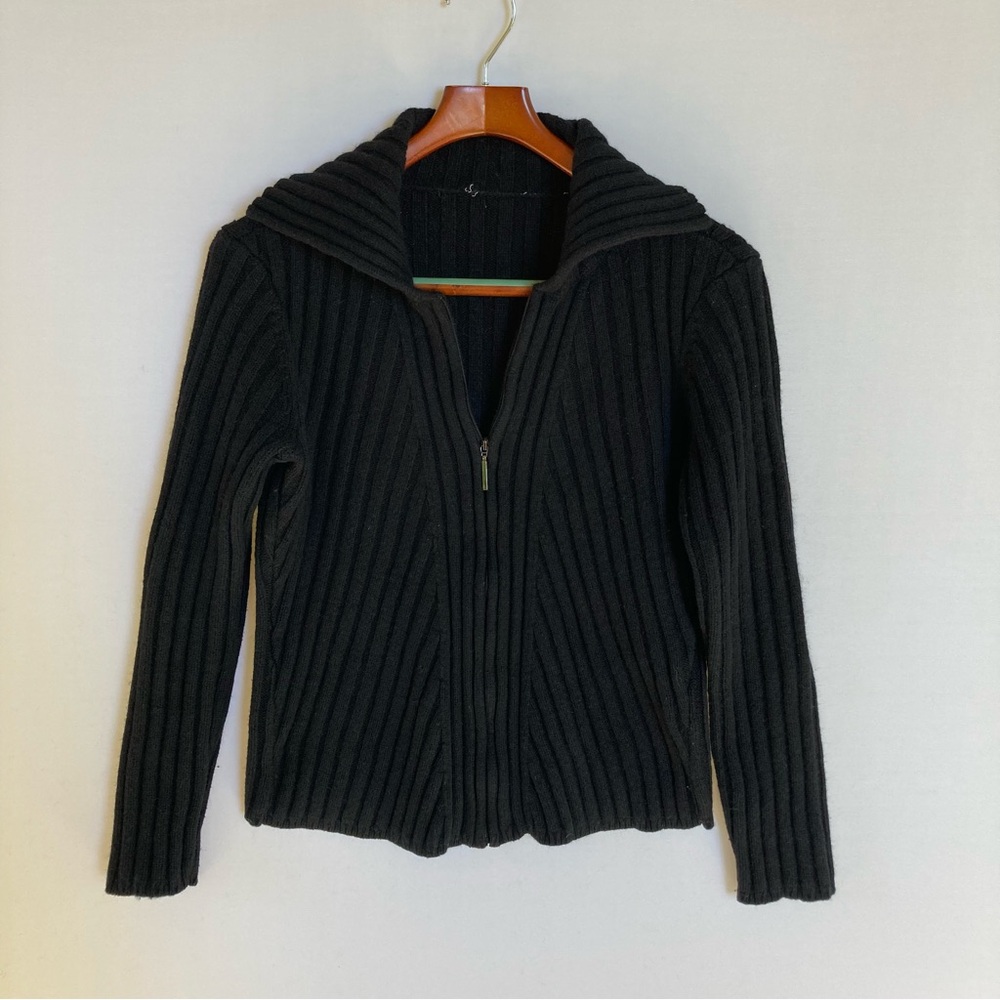 Vintage Ribbed Wool Zip Sweater – Black – Thick Knit – Wide Collar Y2K